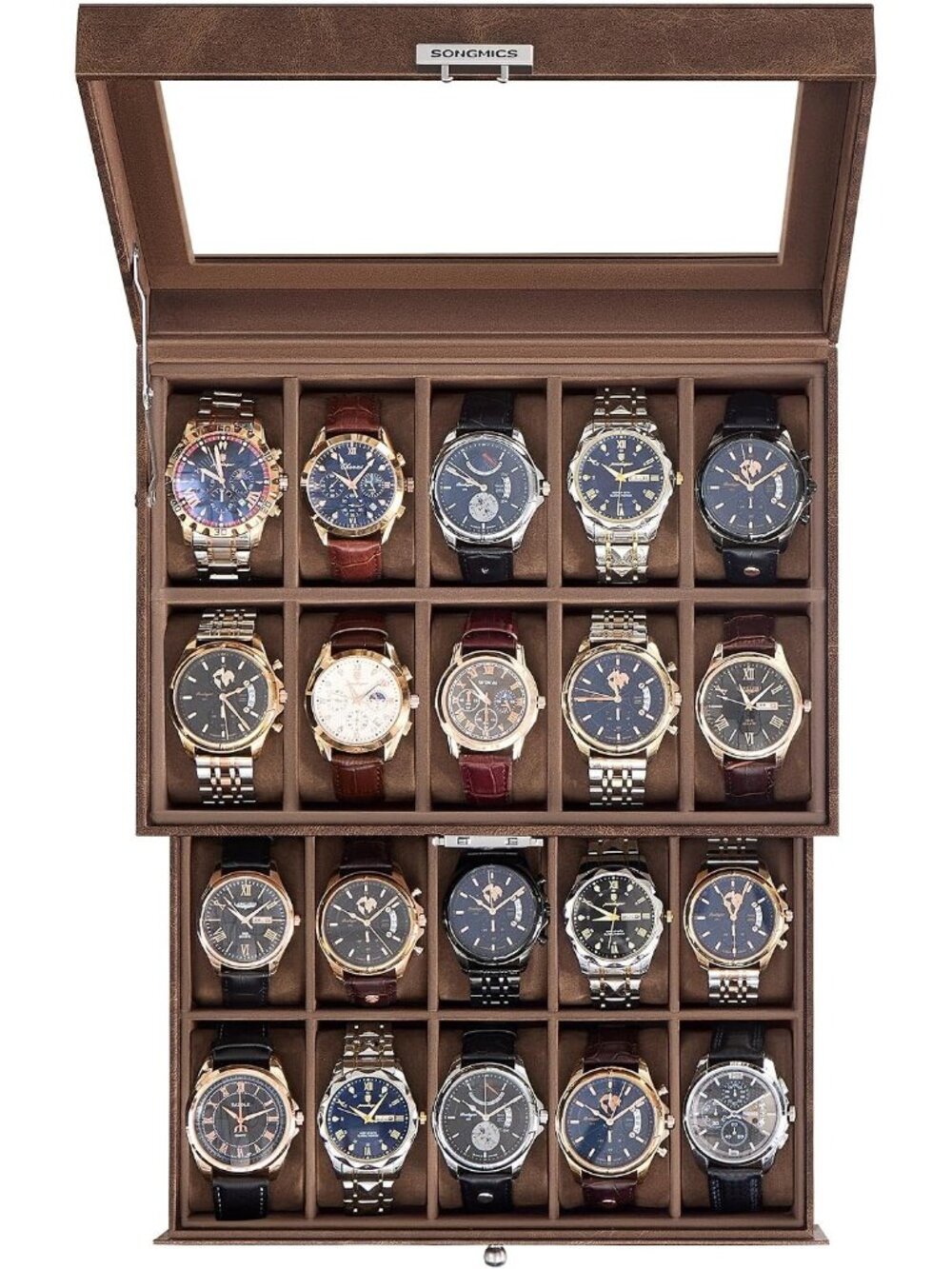 20-Slot Watch Box, 2 Layers, Glass Lid, Lockable